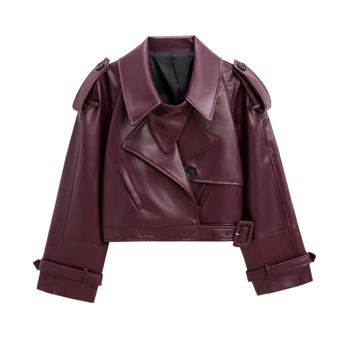 Cropped Belted Double-Breasted Leather Trench Coat for Women - Weinrot
