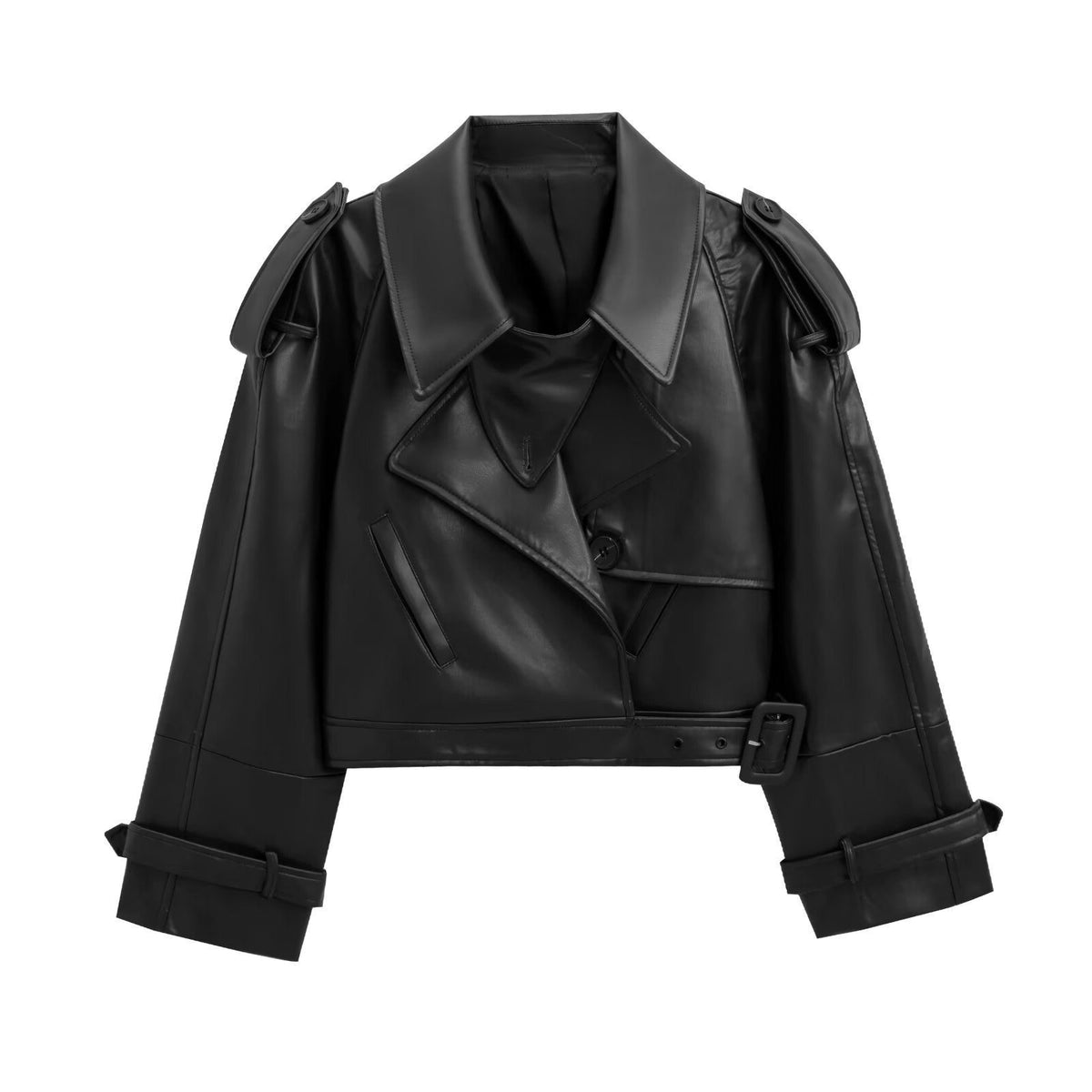 Cropped Belted Double-Breasted Leather Trench Coat for Women - Schwarz