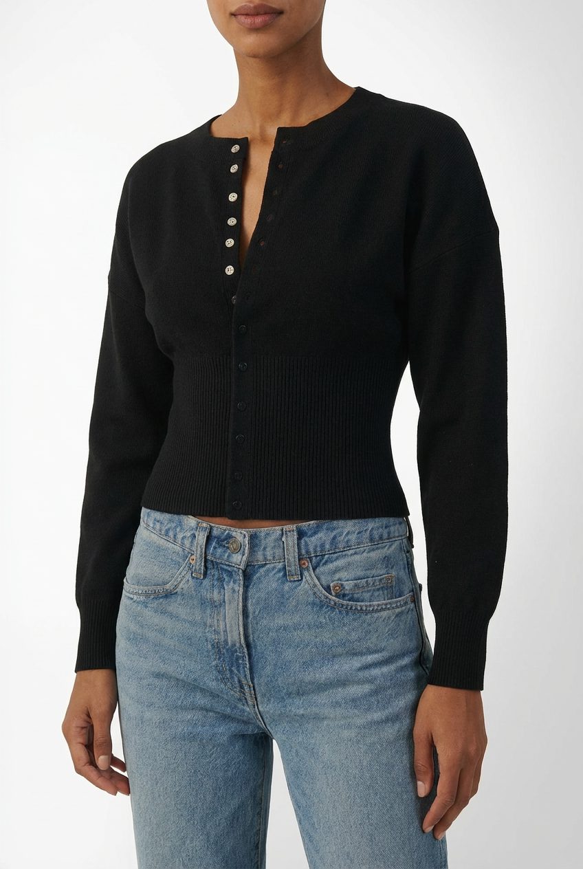 Cropped Button-Front Cardigan for Women - Black