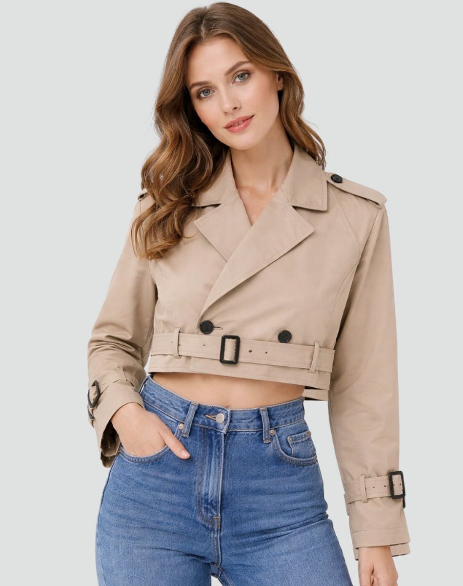 Cropped Double-Breasted Belted Trench Coat for Women