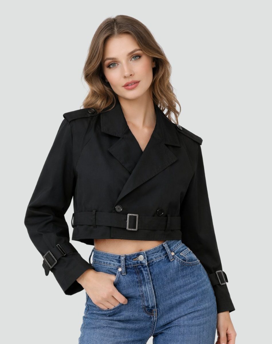 Cropped Double-Breasted Belted Trench Coat for Women - View 10