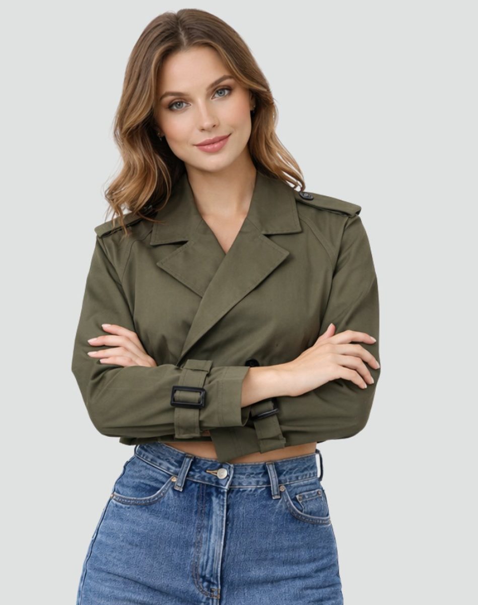 Cropped Double-Breasted Belted Trench Coat for Women - Army Green