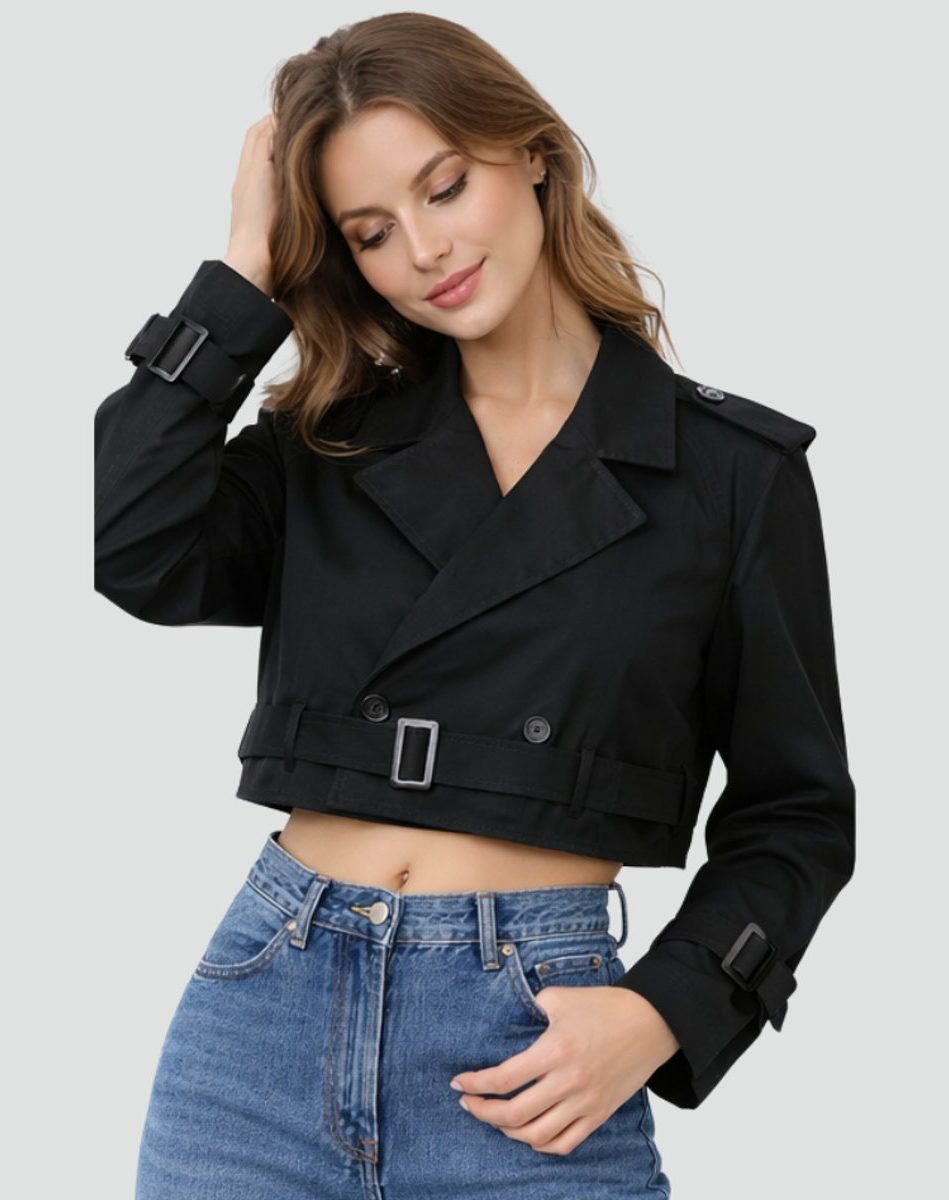 Cropped Double-Breasted Belted Trench Coat for Women - Black