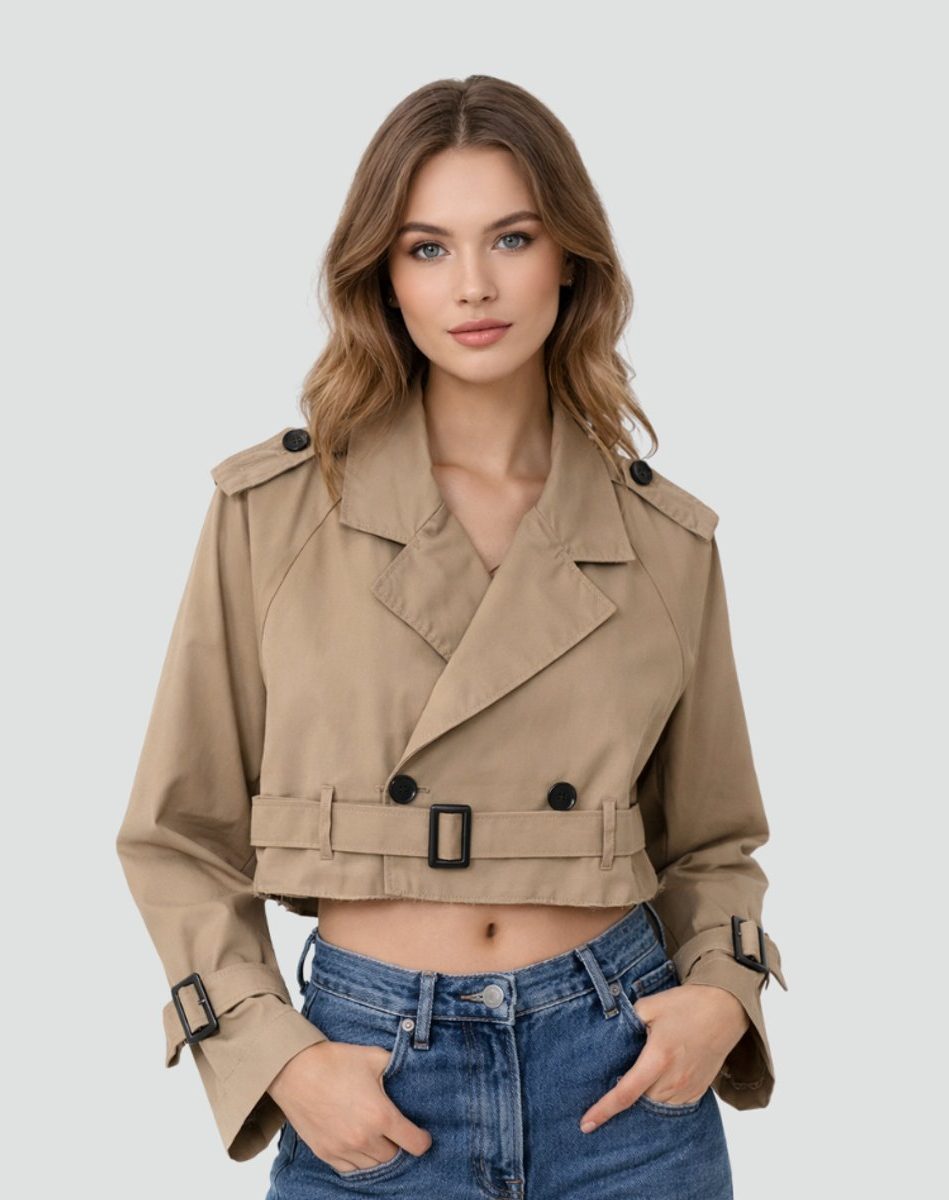 Cropped Double-Breasted Belted Trench Coat for Women - Brown