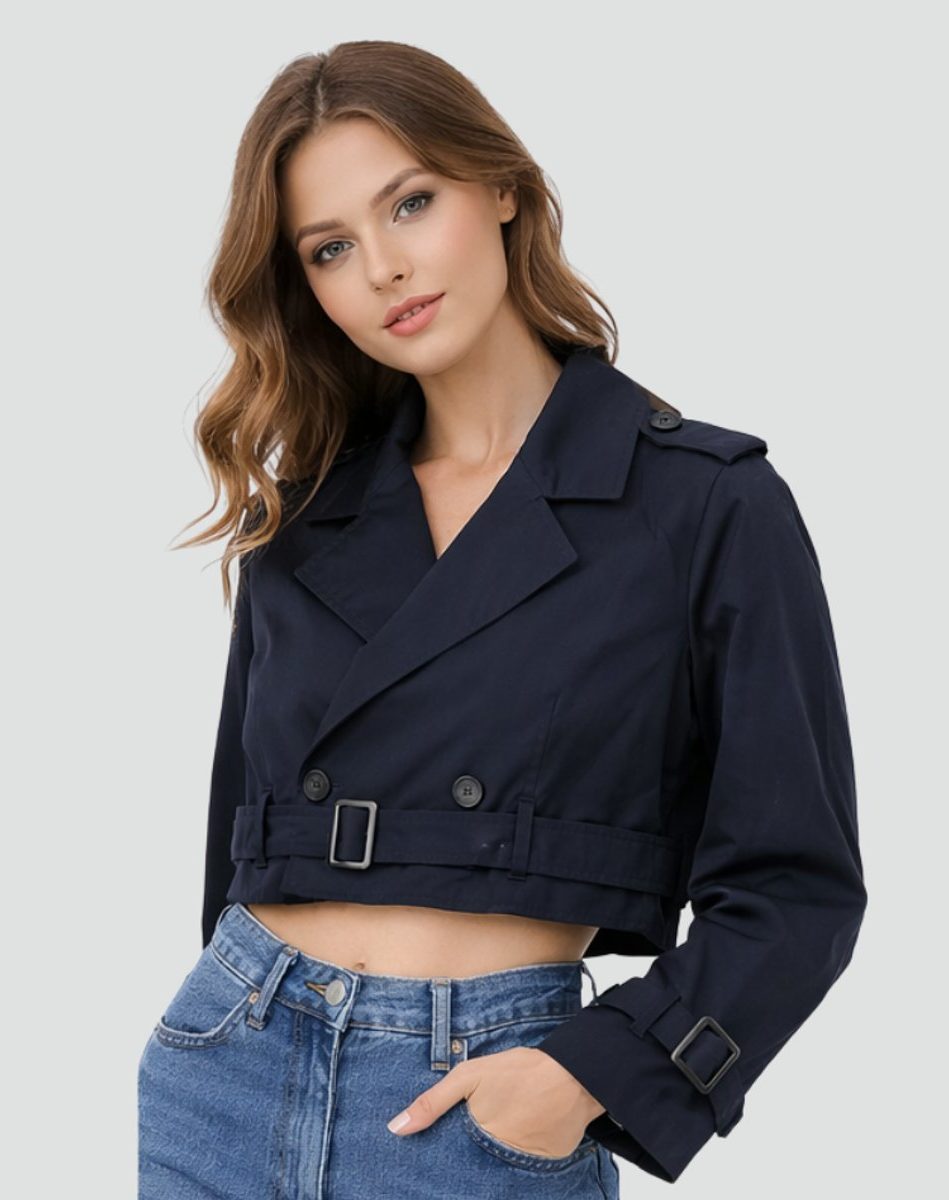 Cropped Double-Breasted Belted Trench Coat for Women - Navy Blue