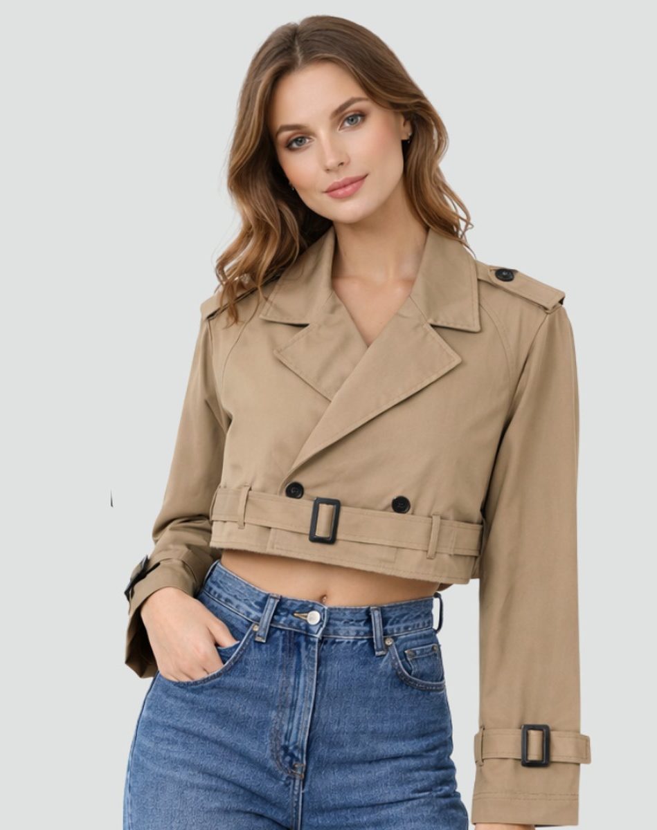 Cropped Double-Breasted Belted Trench Coat for Women - View 6