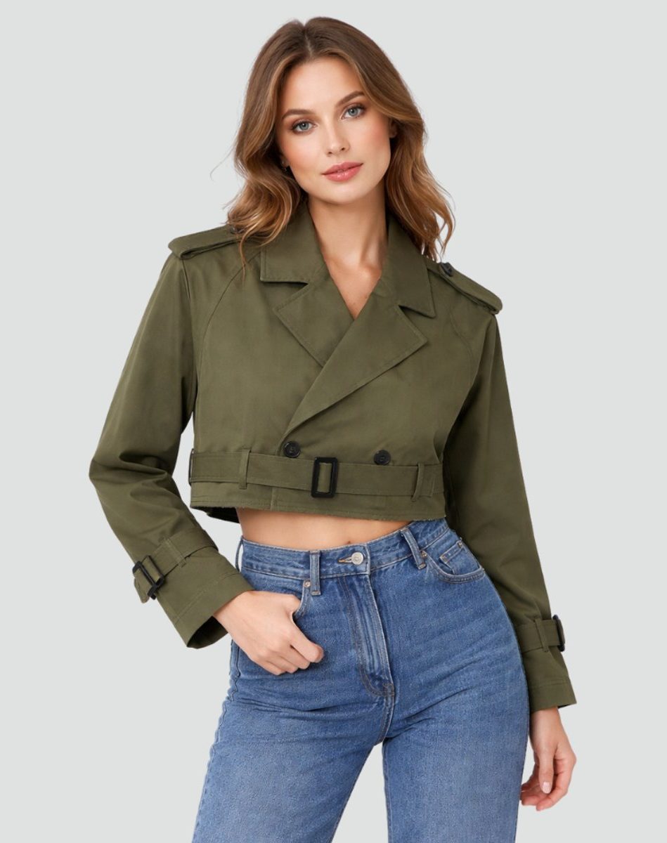 Cropped Double-Breasted Belted Trench Coat for Women - View 7
