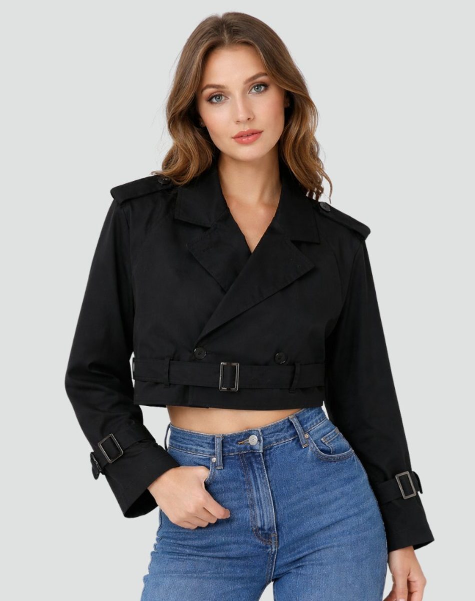 Cropped Double-Breasted Belted Trench Coat for Women - View 9