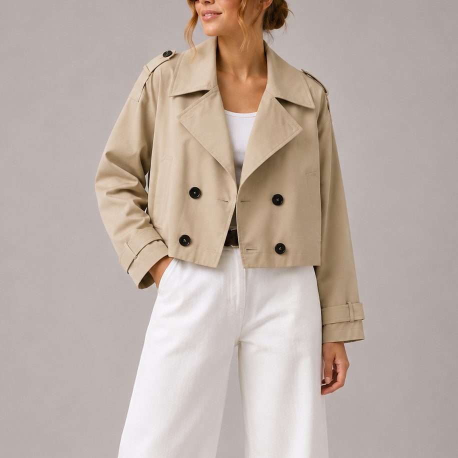 Cropped Double-Breasted Trench Coat for Women - Beige