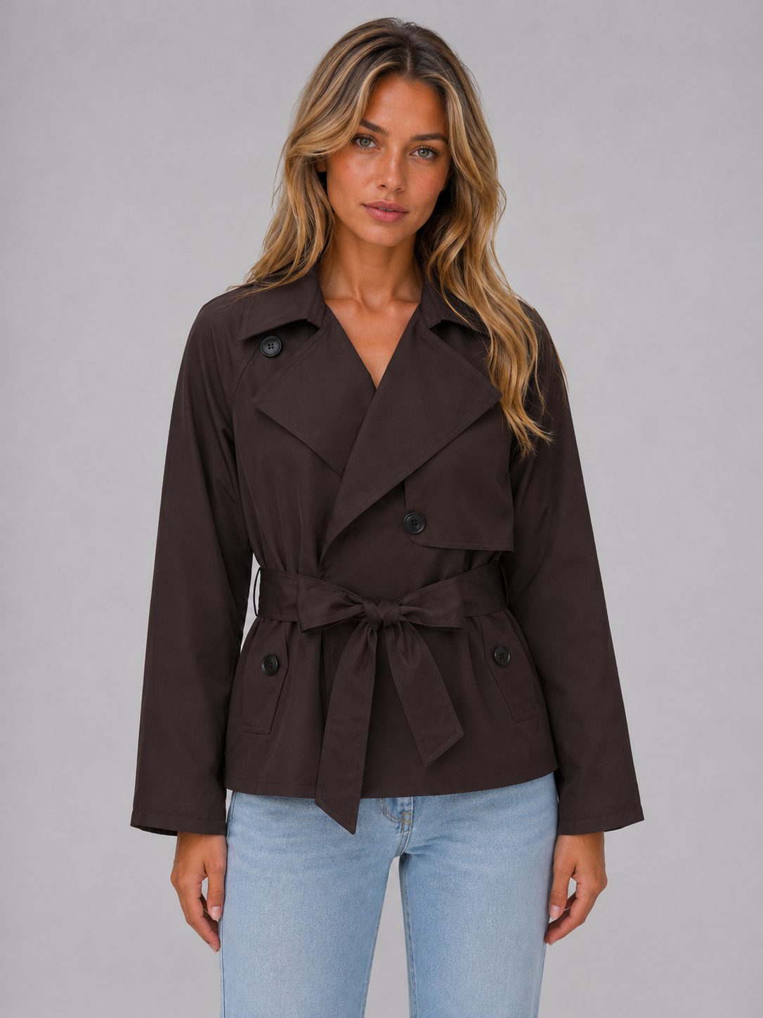 Cropped Double-Breasted Trench Jacket with Tie Waist for Women