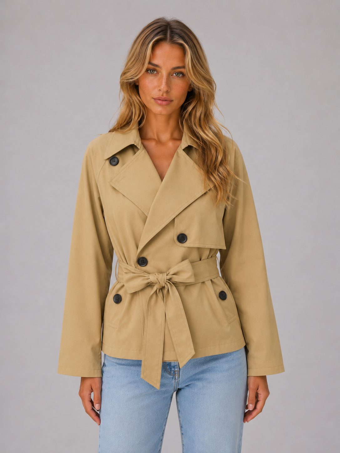 Cropped Double-Breasted Trench Jacket with Tie Waist for Women - Beige