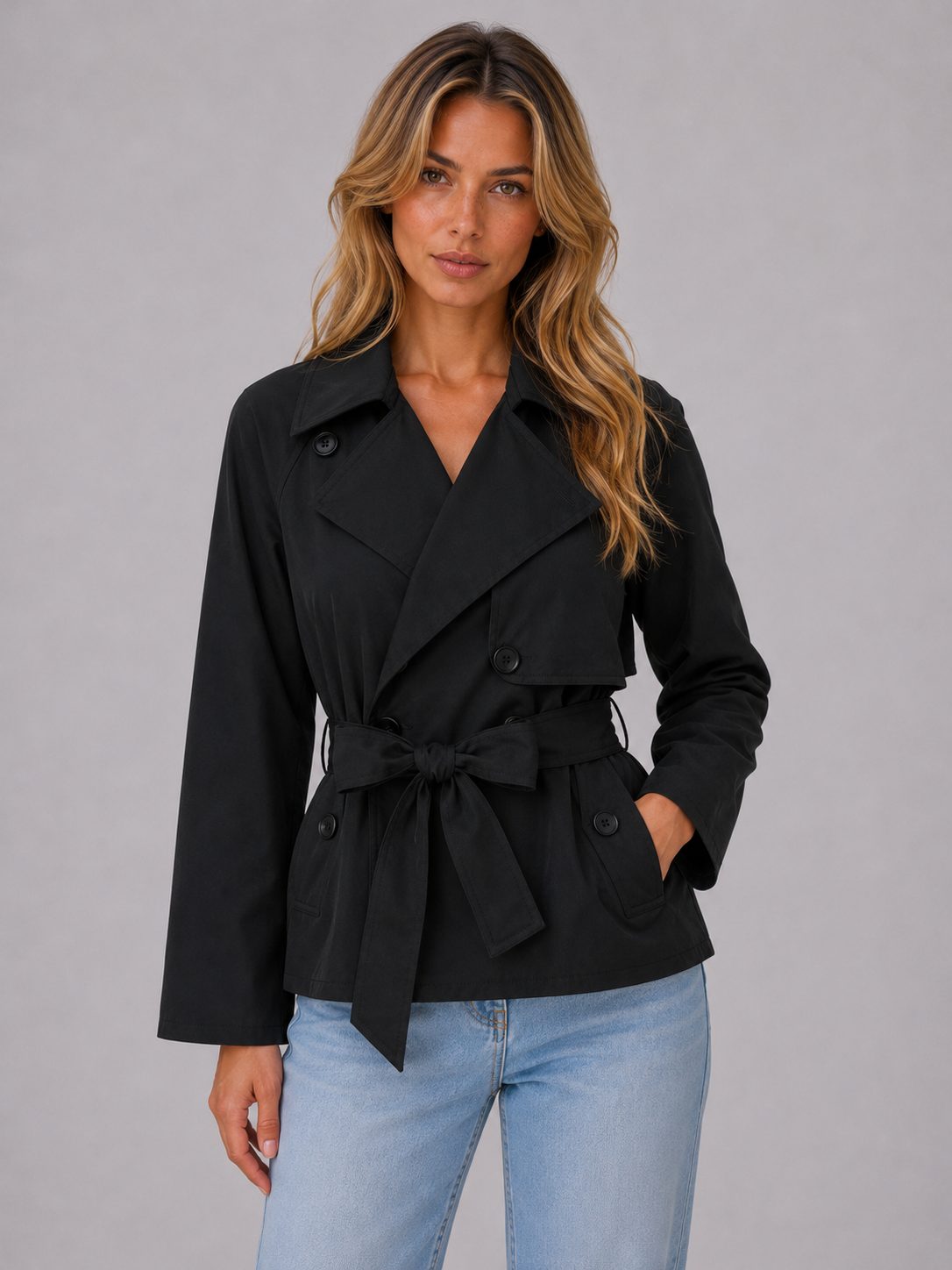 Cropped Double-Breasted Trench Jacket with Tie Waist for Women - Black