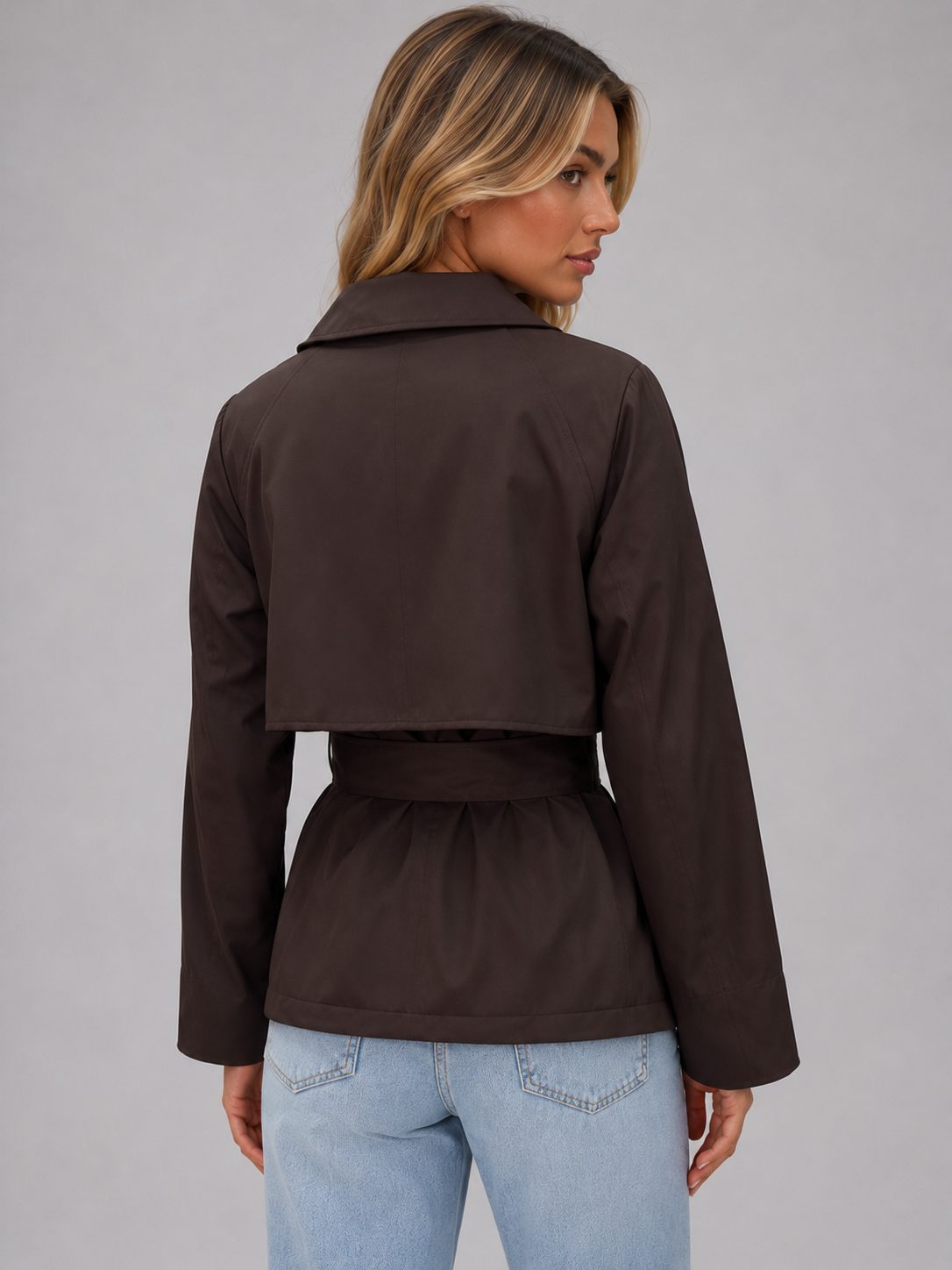 Cropped Double-Breasted Trench Jacket with Tie Waist for Women - View 2