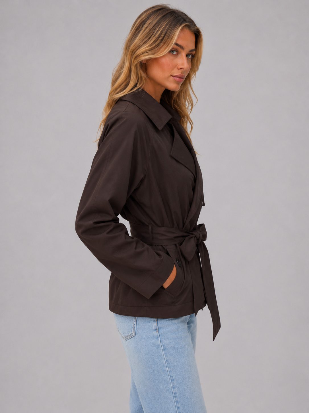 Cropped Double-Breasted Trench Jacket with Tie Waist for Women - View 3