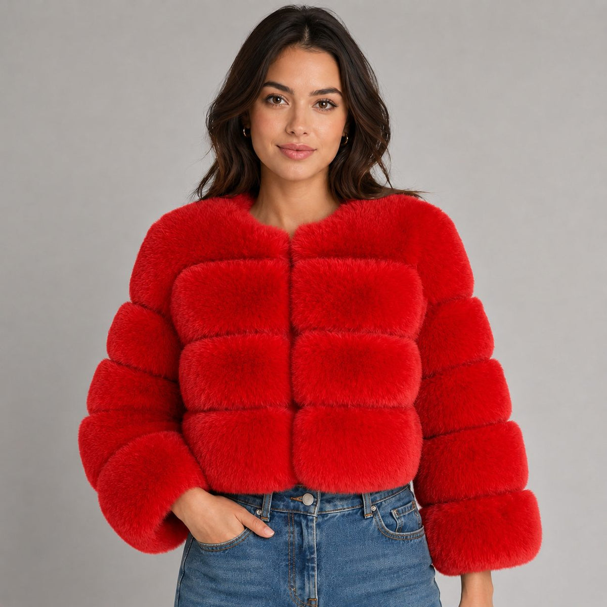 Cropped Faux Fur Jacket for Women - Red
