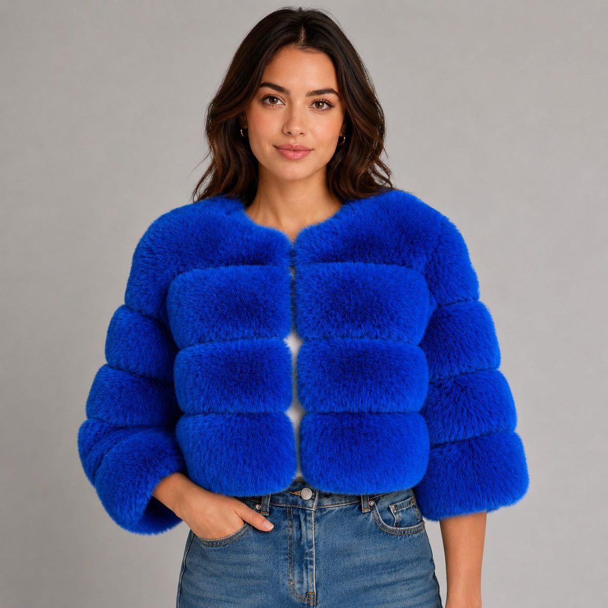 Cropped Faux Fur Jacket for Women - Blue