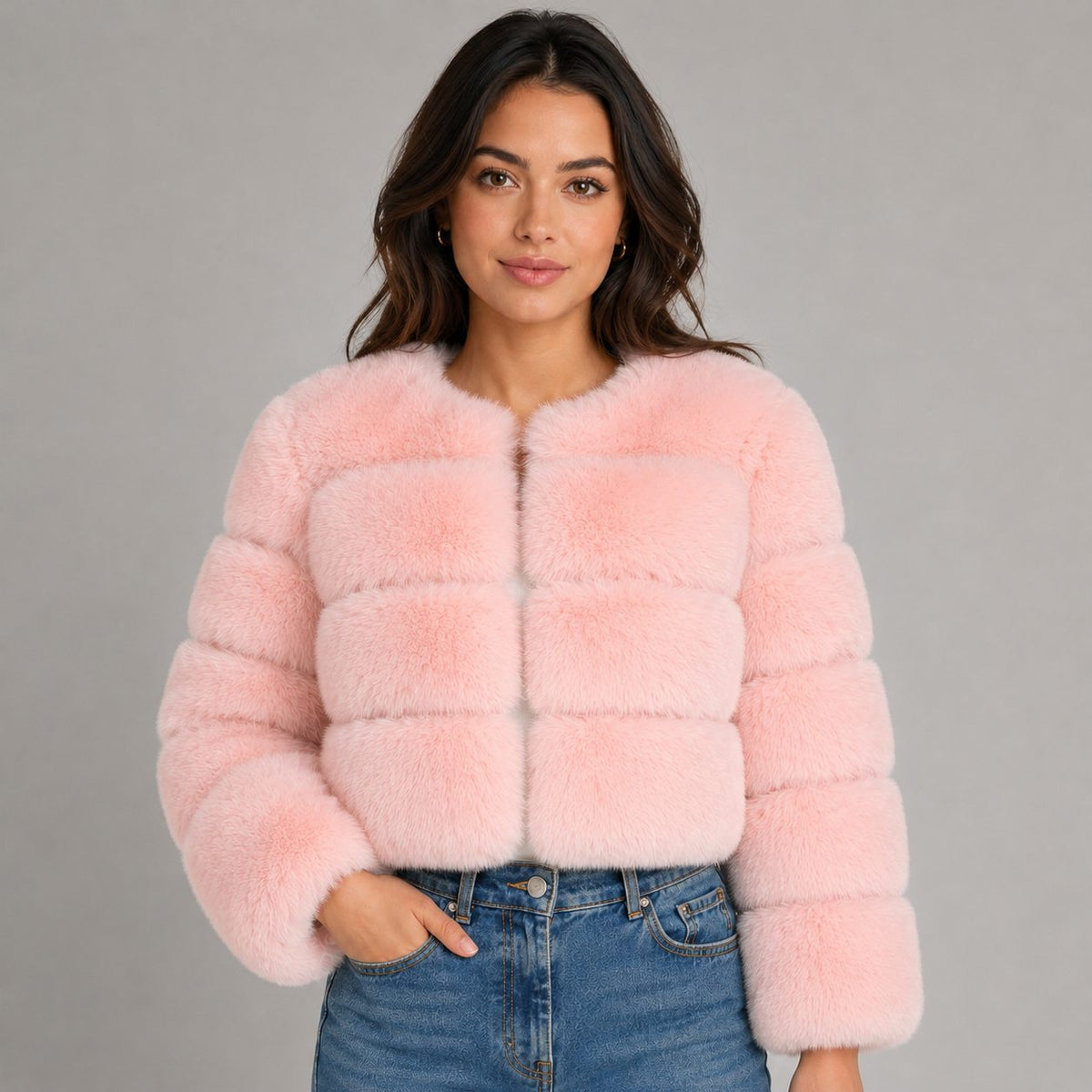 Cropped Faux Fur Jacket for Women - Light Pink
