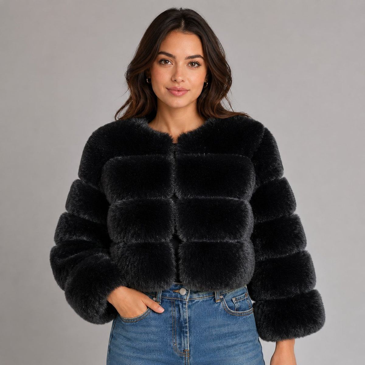 Cropped Faux Fur Jacket for Women - Black