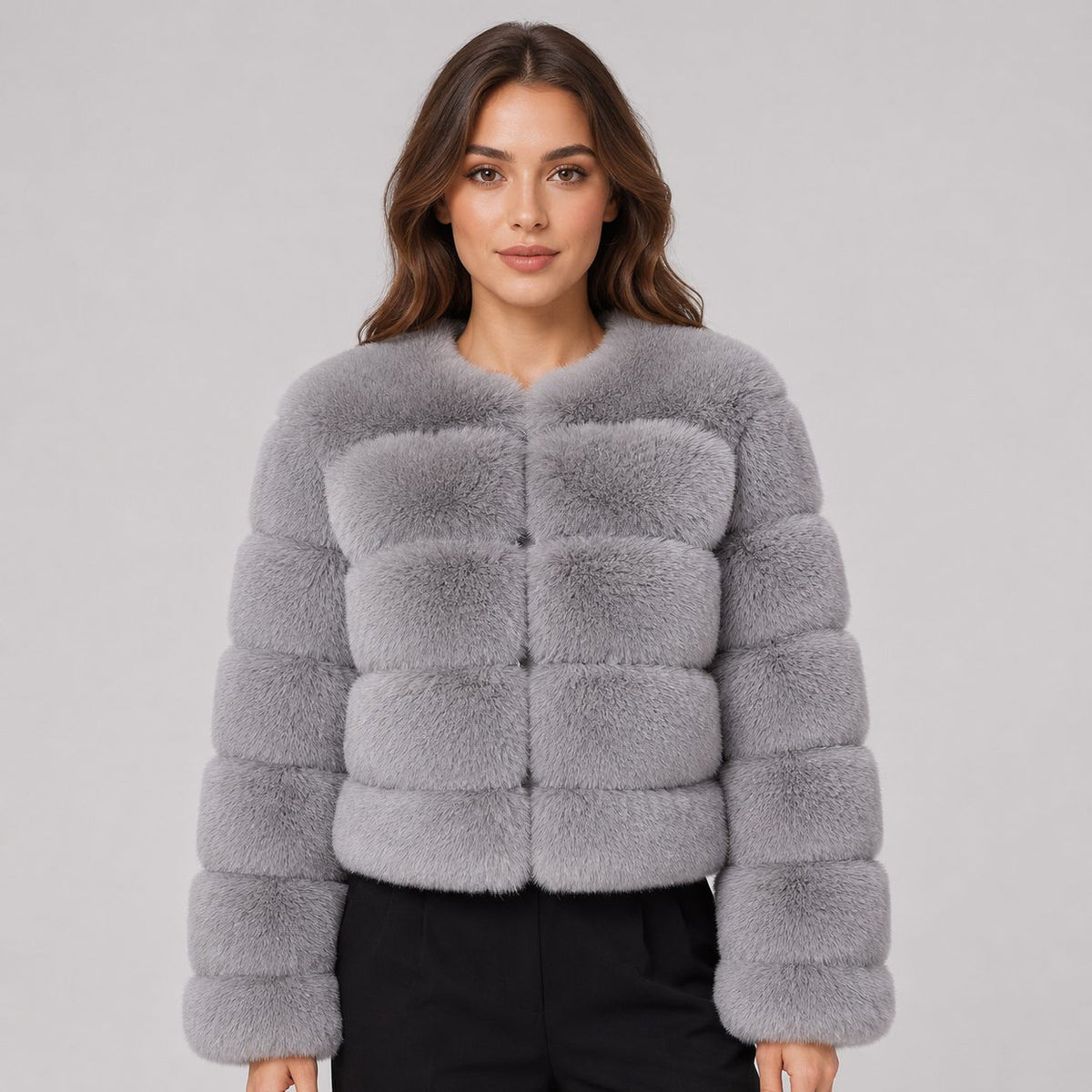 Cropped Faux Fur Jacket for Women - Gray