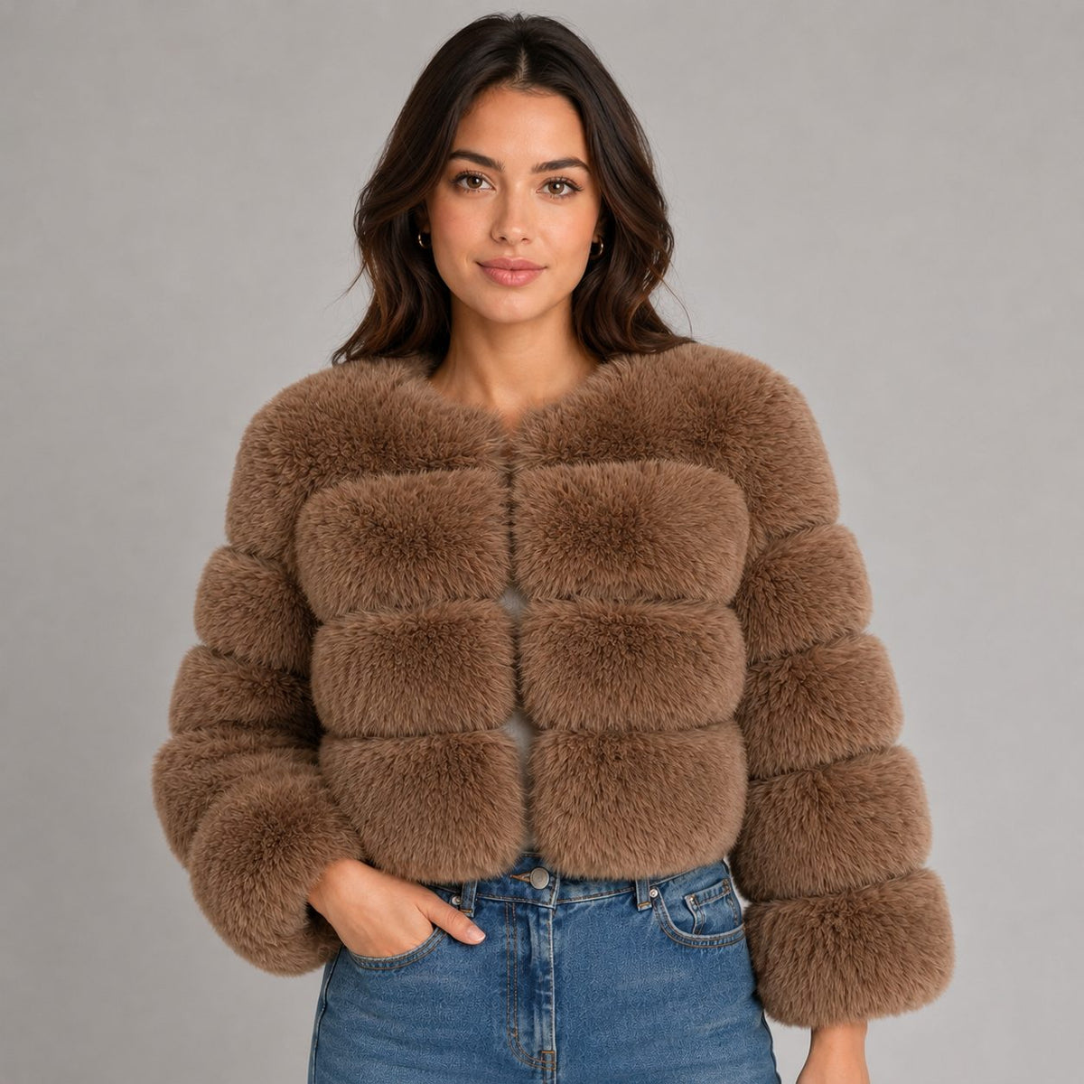 Cropped Faux Fur Jacket for Women - Brown