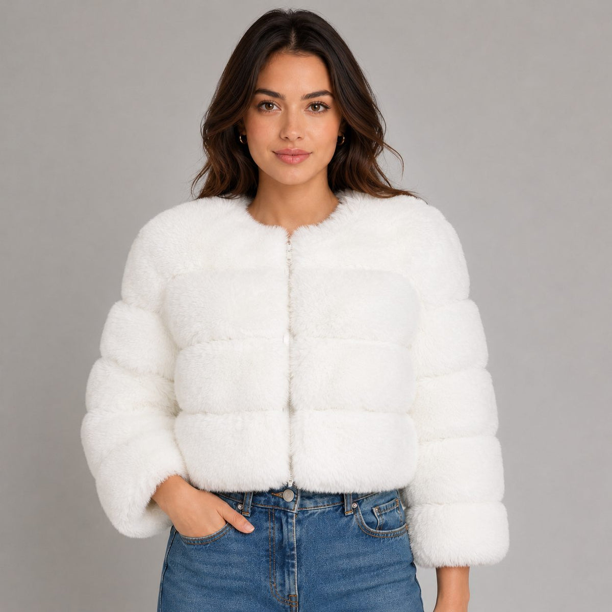 Cropped Faux Fur Jacket for Women - White