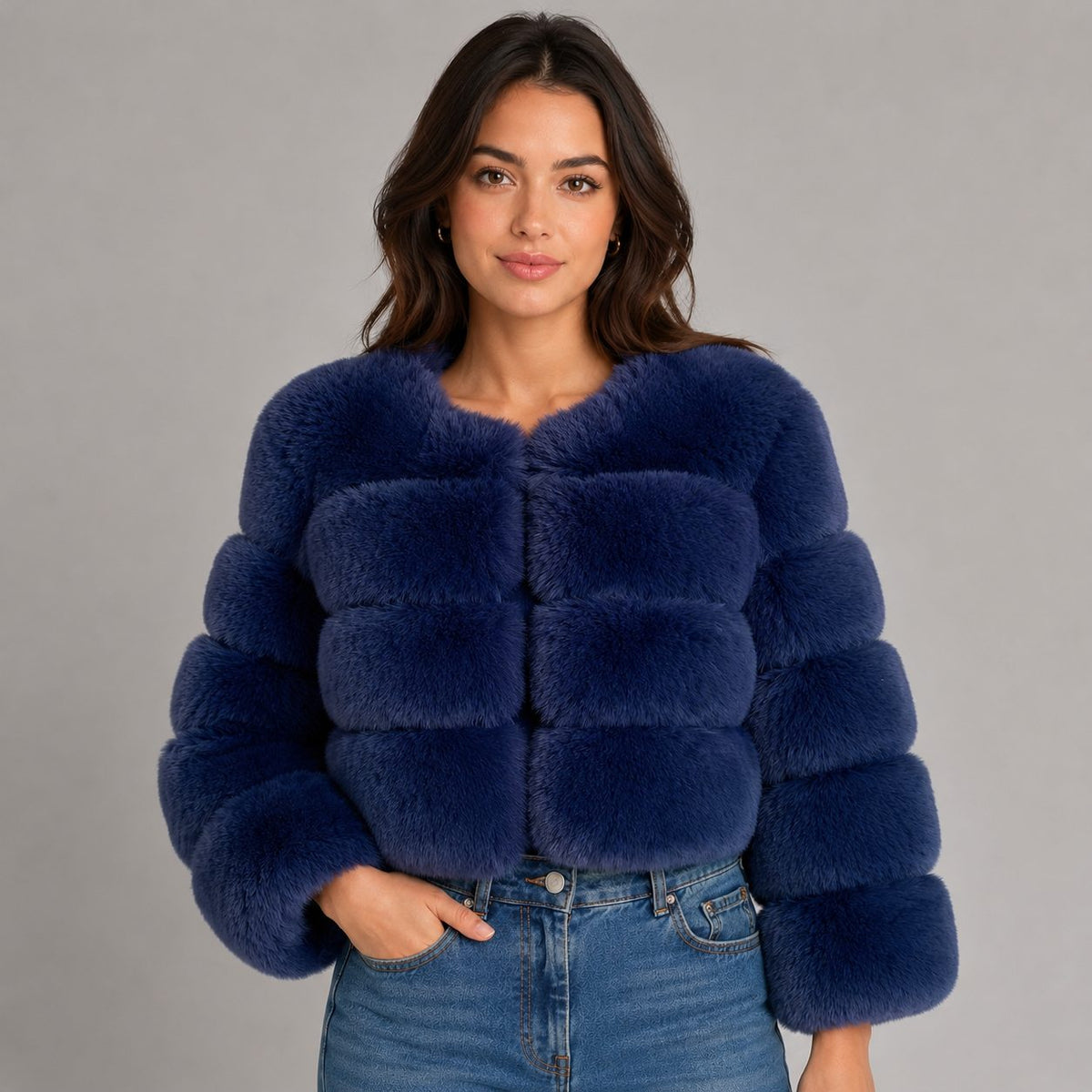 Cropped Faux Fur Jacket for Women - Navy