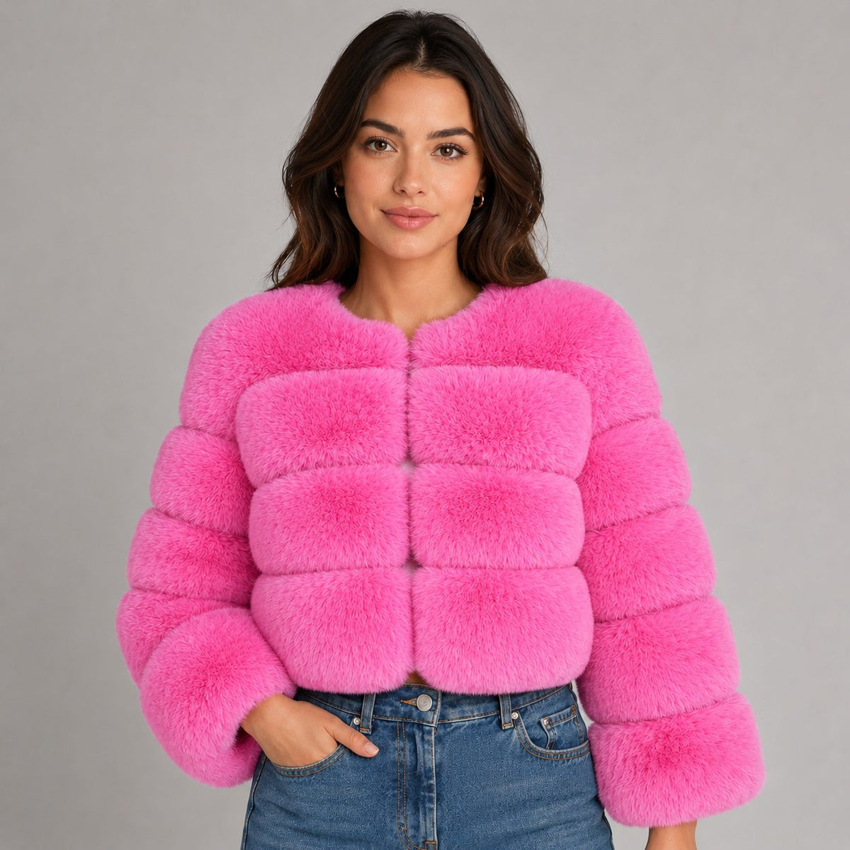 Cropped Faux Fur Jacket for Women - Pink