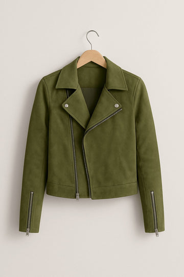 Cropped Faux Suede Biker Jacket for Women - Green