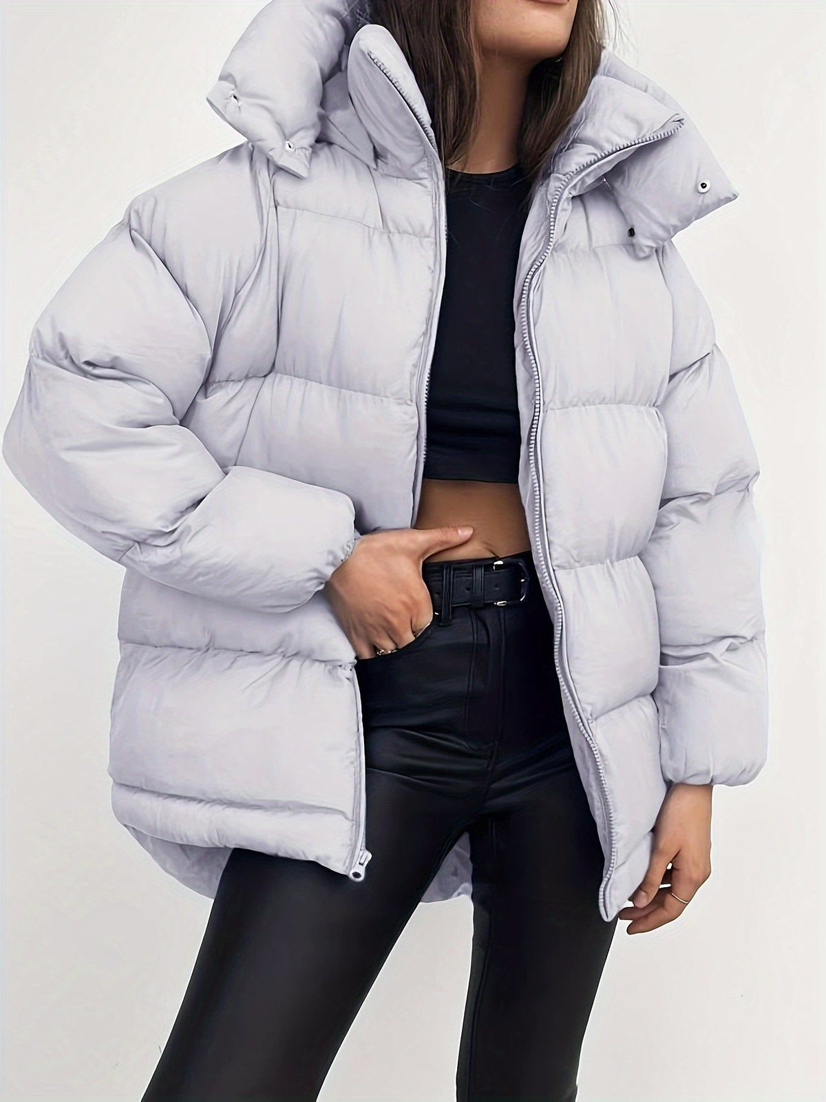 Cropped Hooded Puffer Jacket for Women - Light Grey