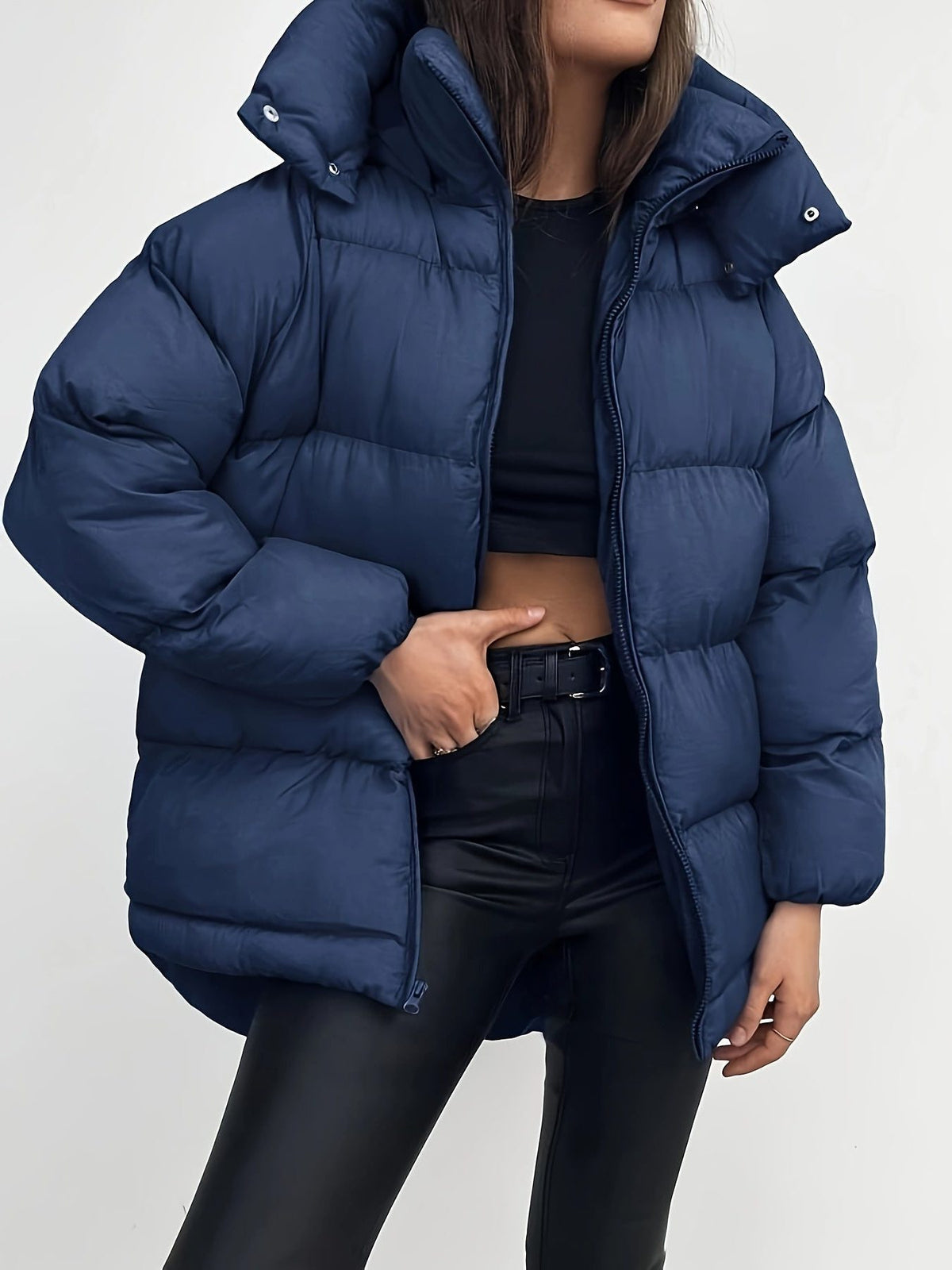 Cropped Hooded Puffer Jacket for Women - Navy