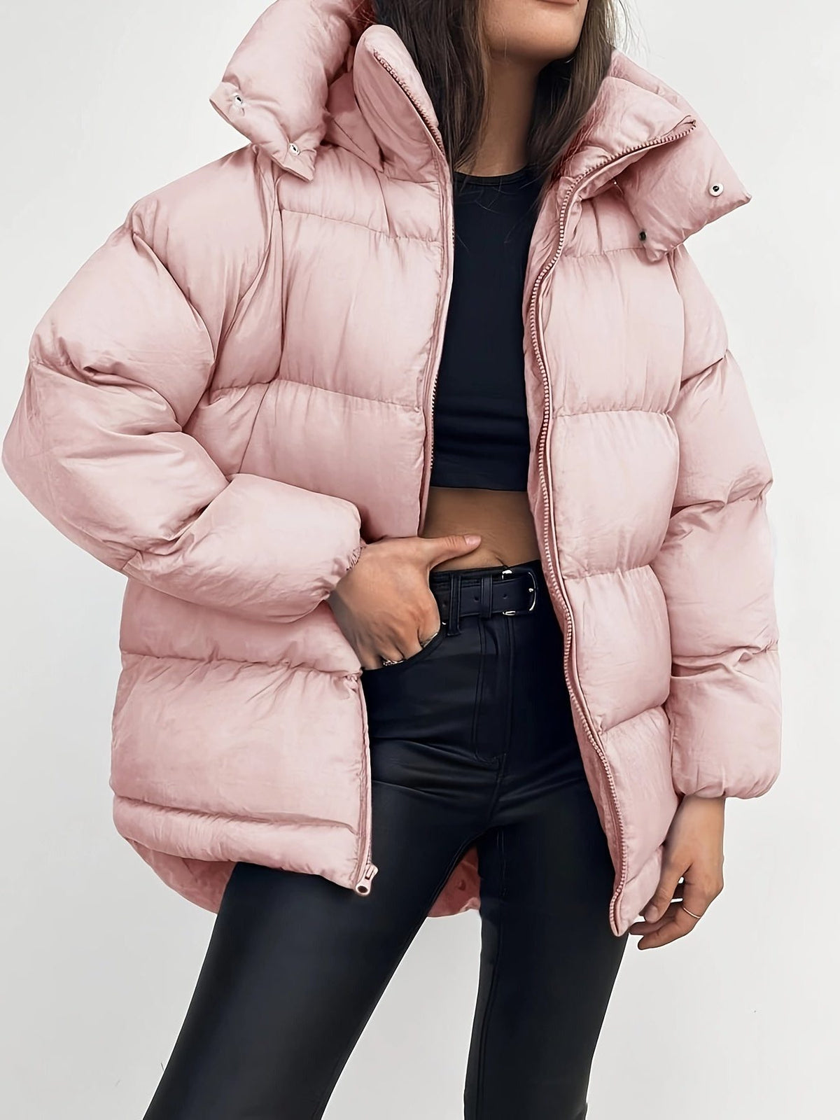 Cropped Hooded Puffer Jacket for Women - Rose