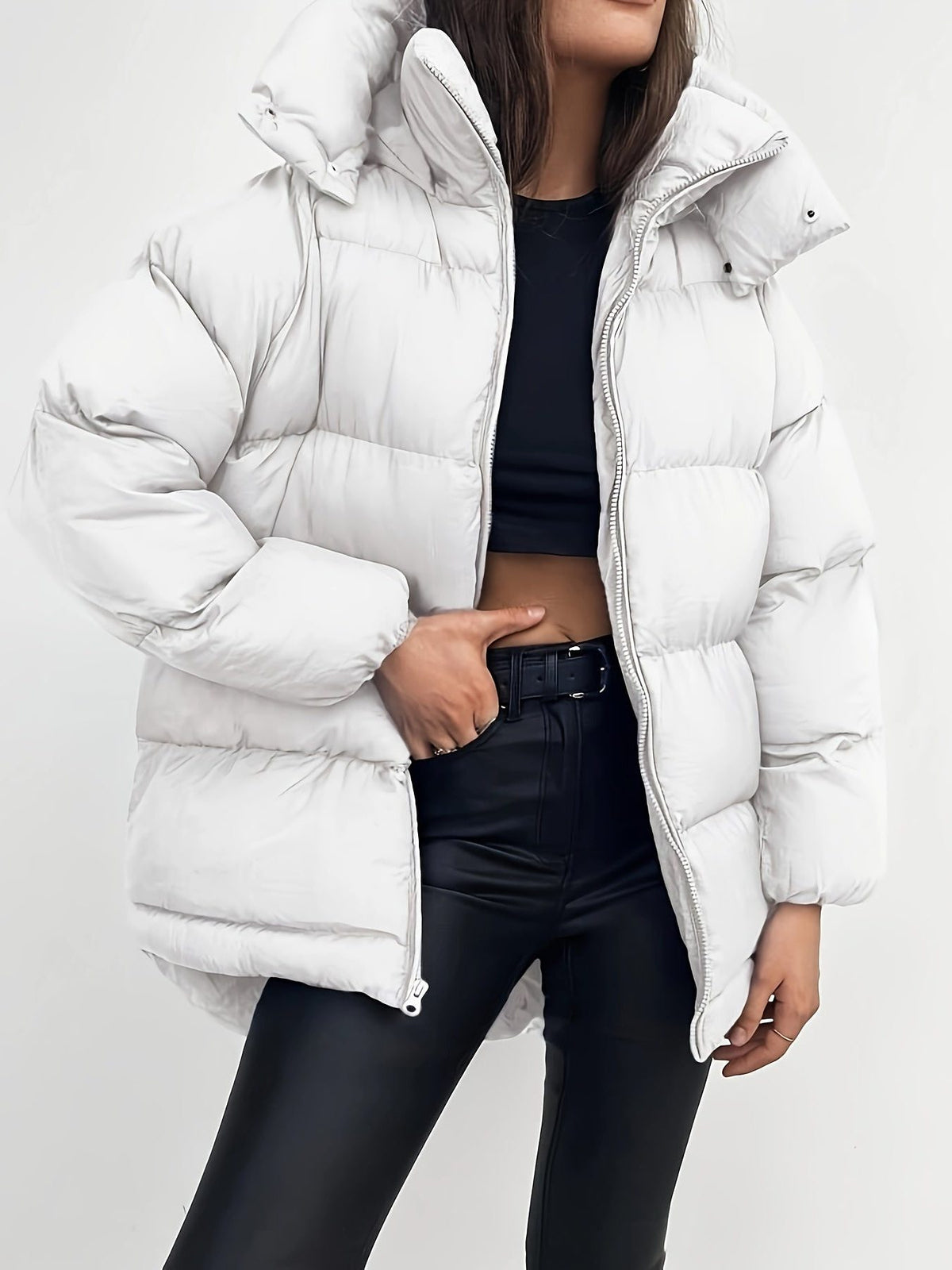 Cropped Hooded Puffer Jacket for Women - White