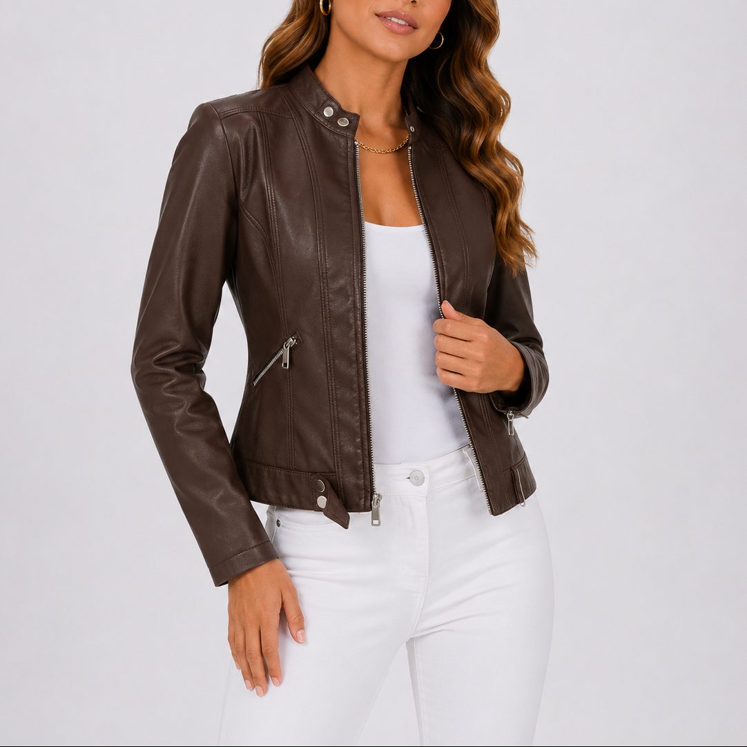 Cropped Leather Jacket with Zip Pockets for Women