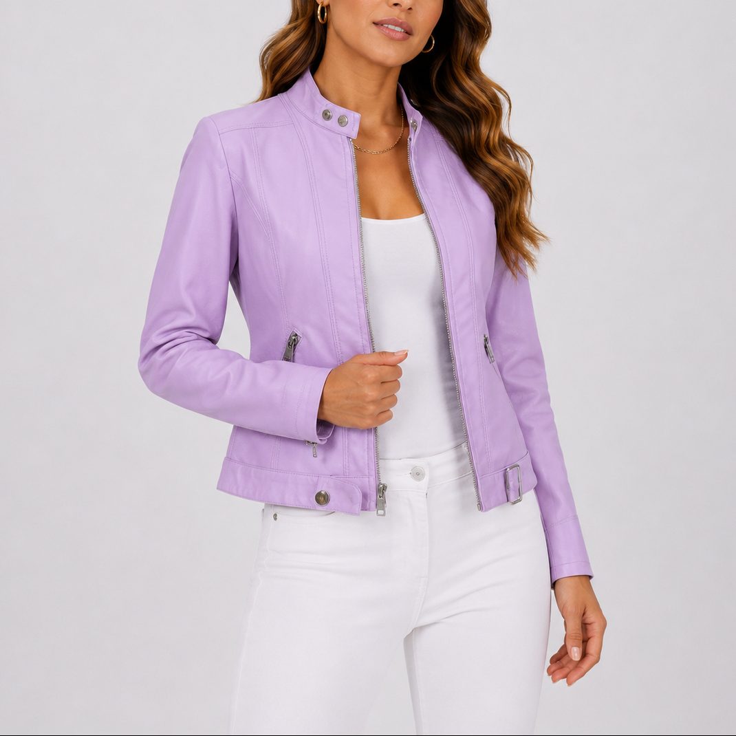 Cropped Leather Jacket with Zip Pockets for Women - Purple