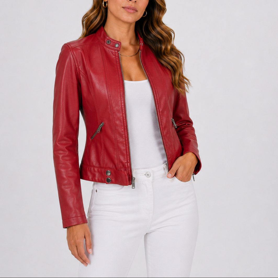 Cropped Leather Jacket with Zip Pockets for Women - Red