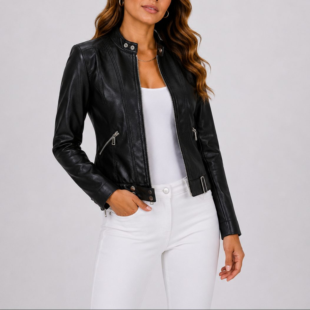 Cropped Leather Jacket with Zip Pockets for Women - Black