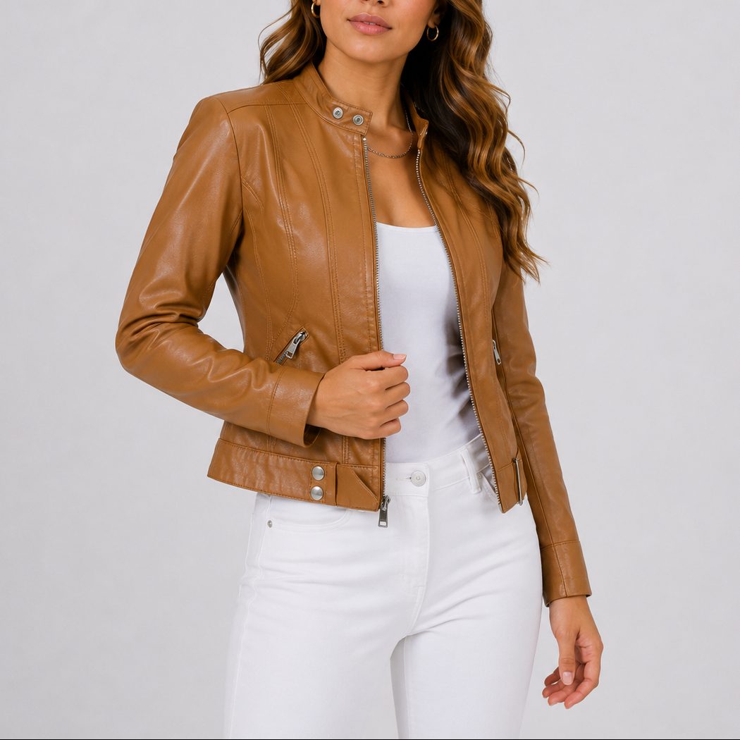 Cropped Leather Jacket with Zip Pockets for Women - Light Brown