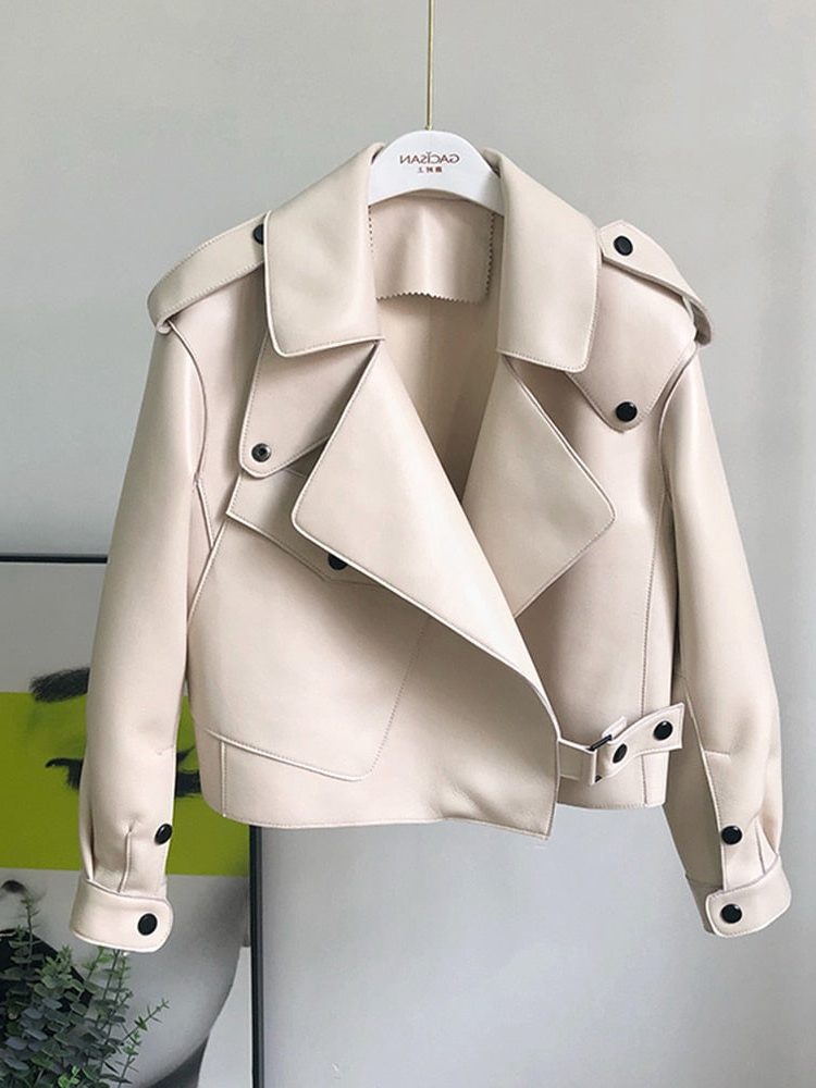 Cropped Leather Trench Coat for Women - Beige