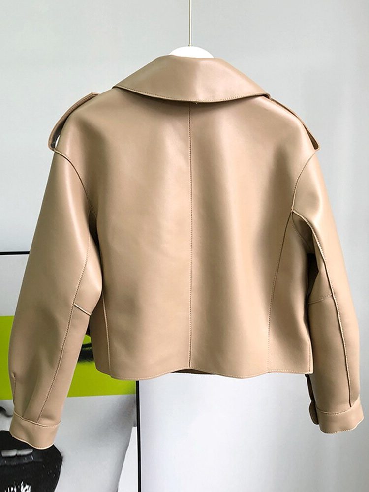 Cropped Leather Trench Coat for Women - Light Brown
