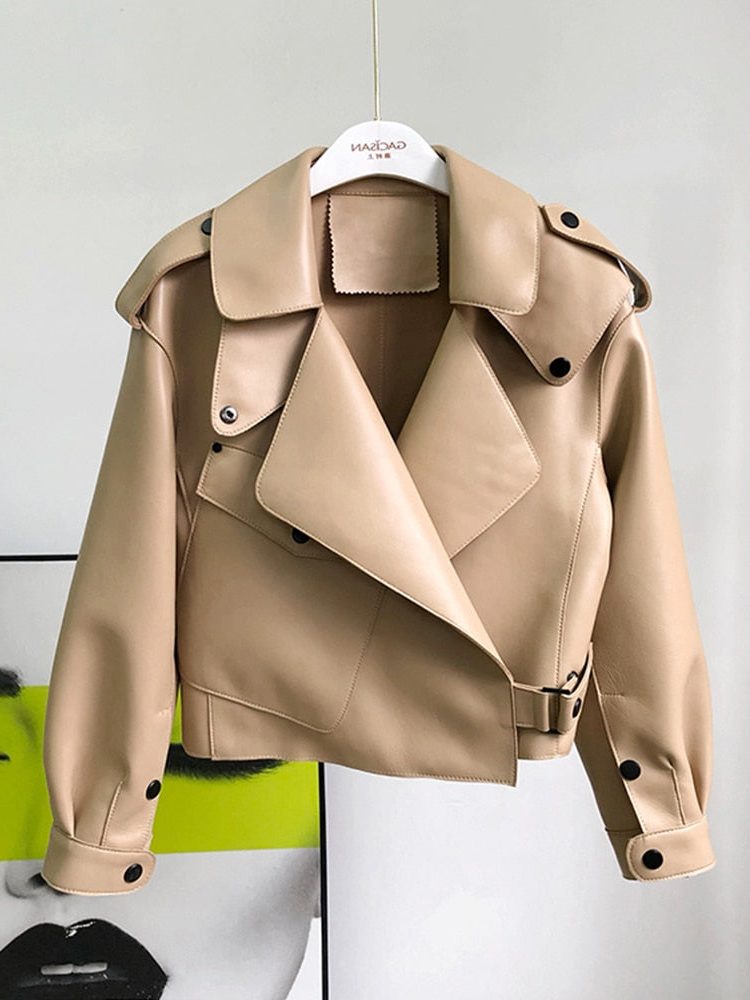 Cropped Leather Trench Coat for Women - Light Brown