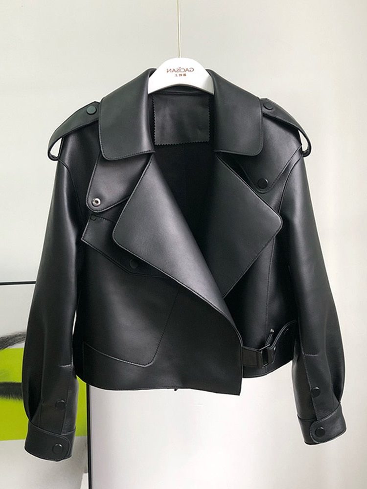 Cropped Leather Trench Coat for Women - Black
