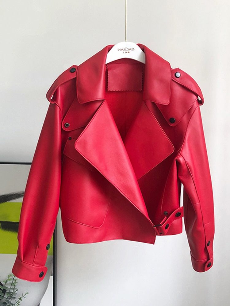 Cropped Leather Trench Coat for Women - Red