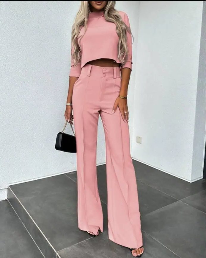 Cropped Long Sleeve Top and Wide Leg Trousers Set for Women - View 6