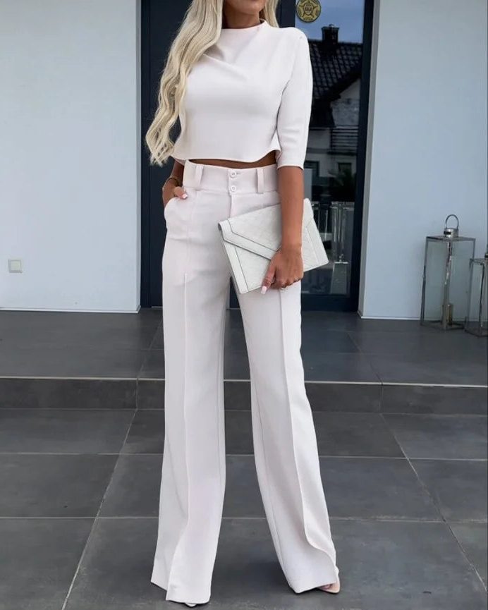 Cropped Long Sleeve Top and Wide Leg Trousers Set for Women