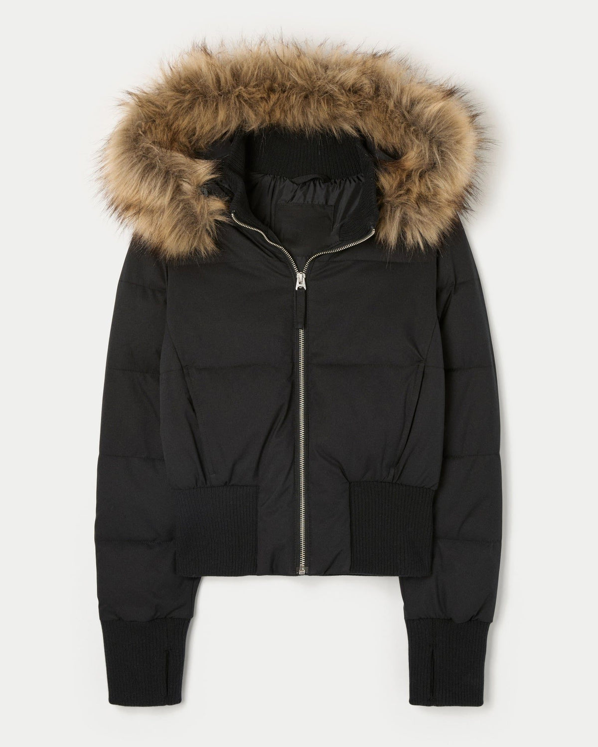 Cropped Puffer Jacket with Fur Collar for Women - Black