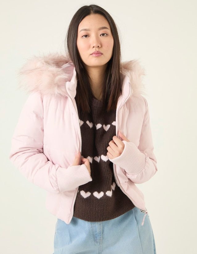 Cropped Puffer Jacket with Fur Collar for Women