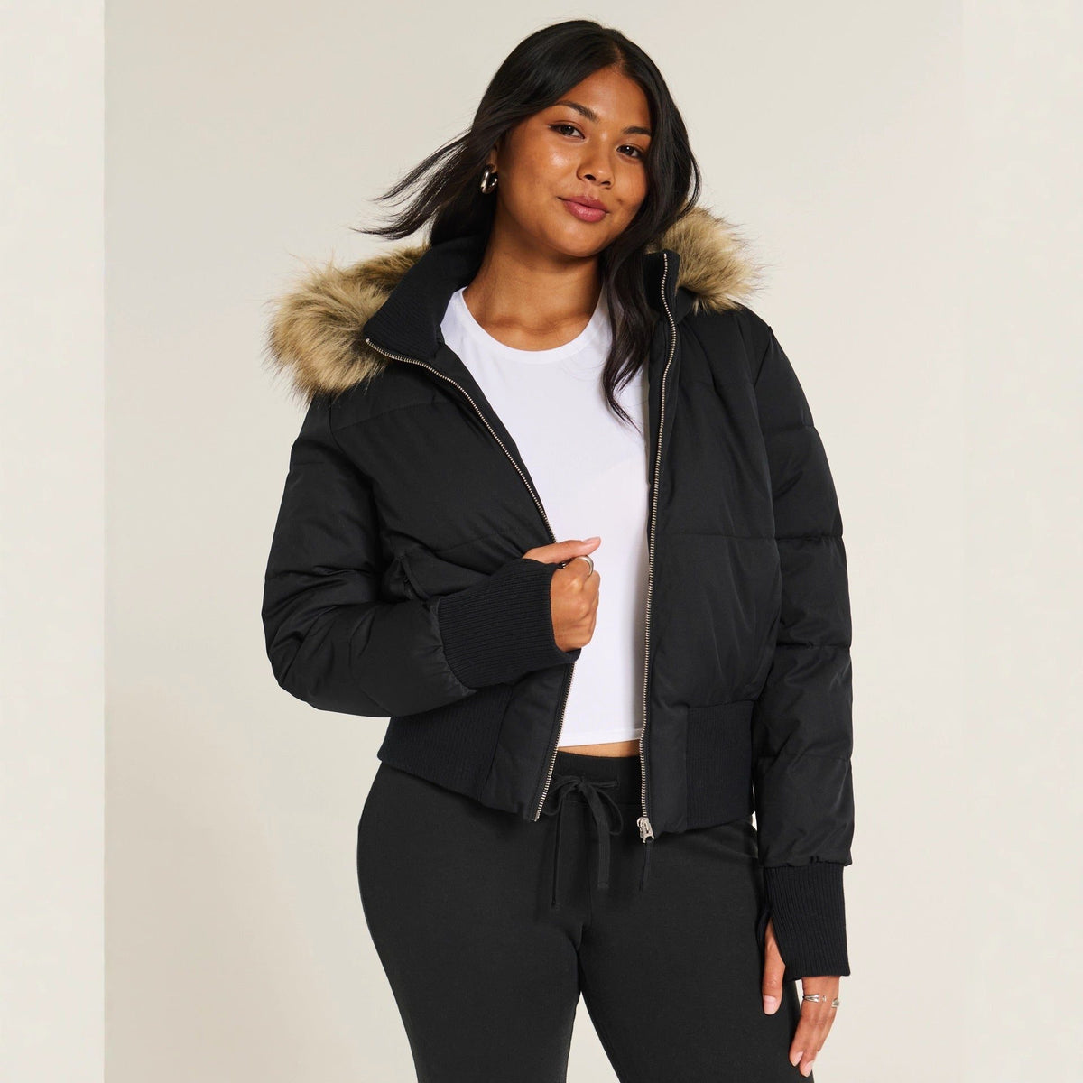 Cropped Puffer Jacket with Fur Collar for Women - View 4