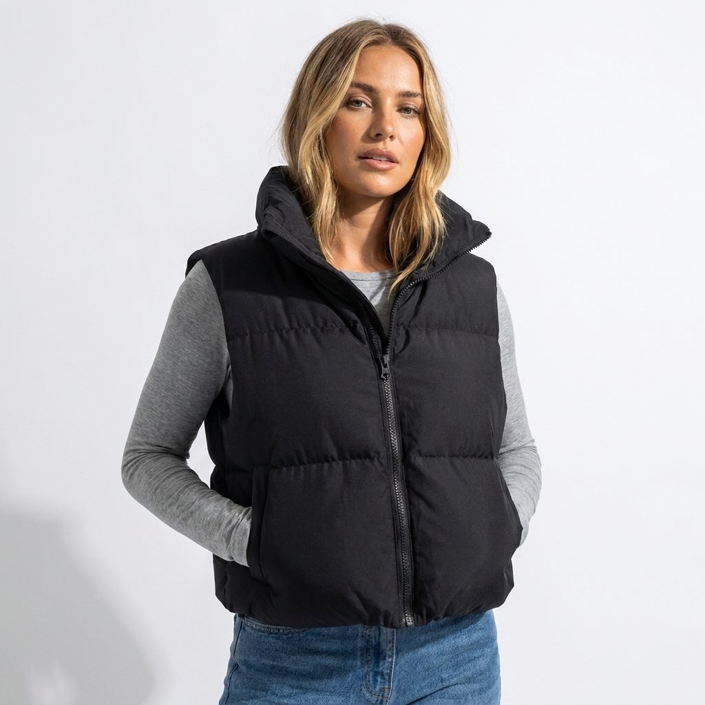 Cropped Puffer Vest with Stand Collar for Women
