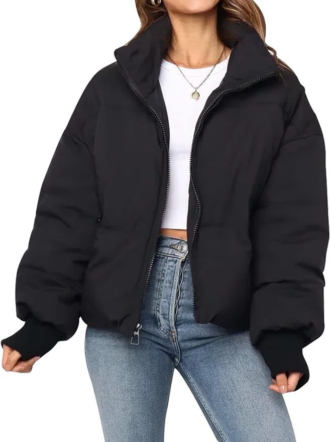 Cropped Quilted Puffer Jacket for Women - Black