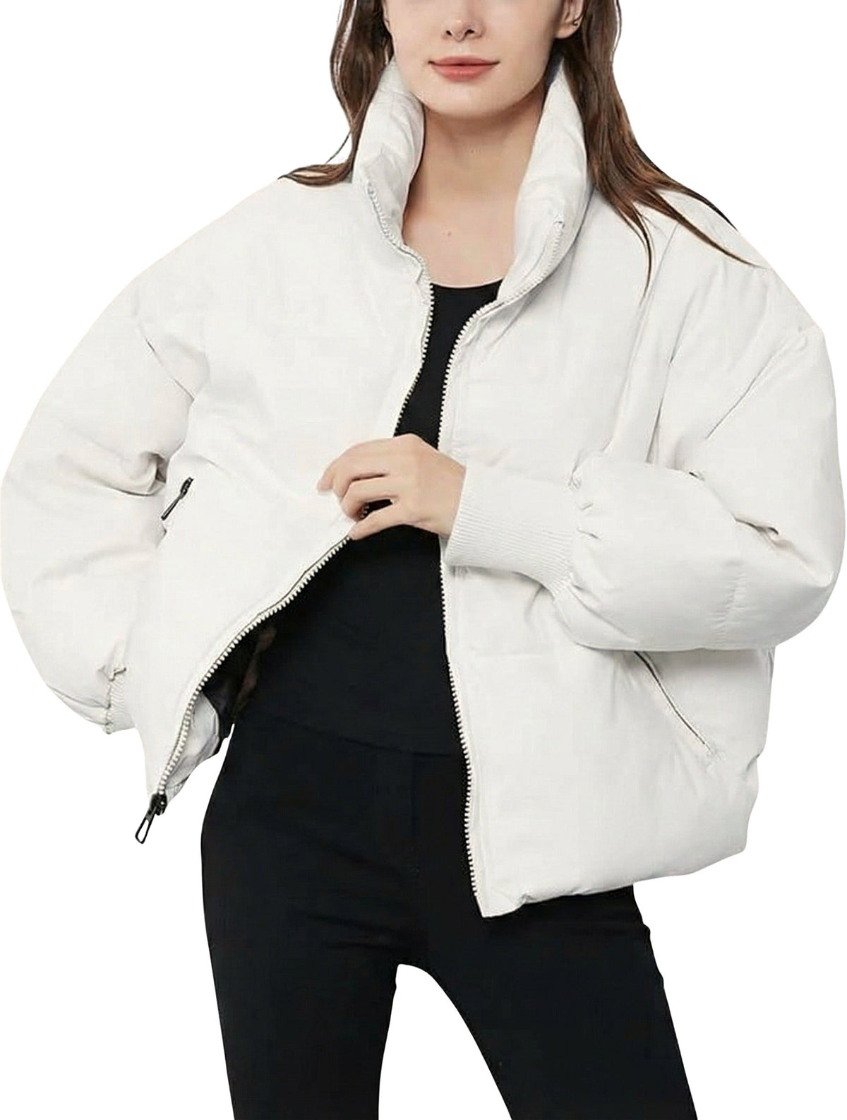 Cropped Quilted Puffer Jacket for Women - White